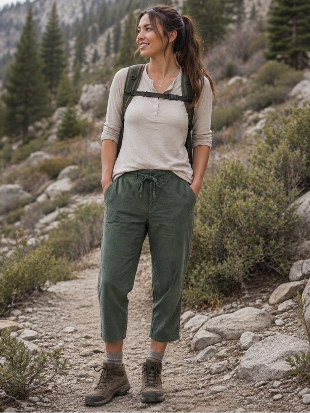 J. Crew Olive Green Textured Waist Tie Cropped Hiking Camping Pants Size 30